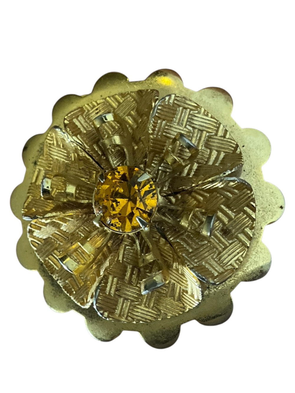 Vintage Gold Tone Floral Scarf Clip Amber Colored Rhinestone Mid Century